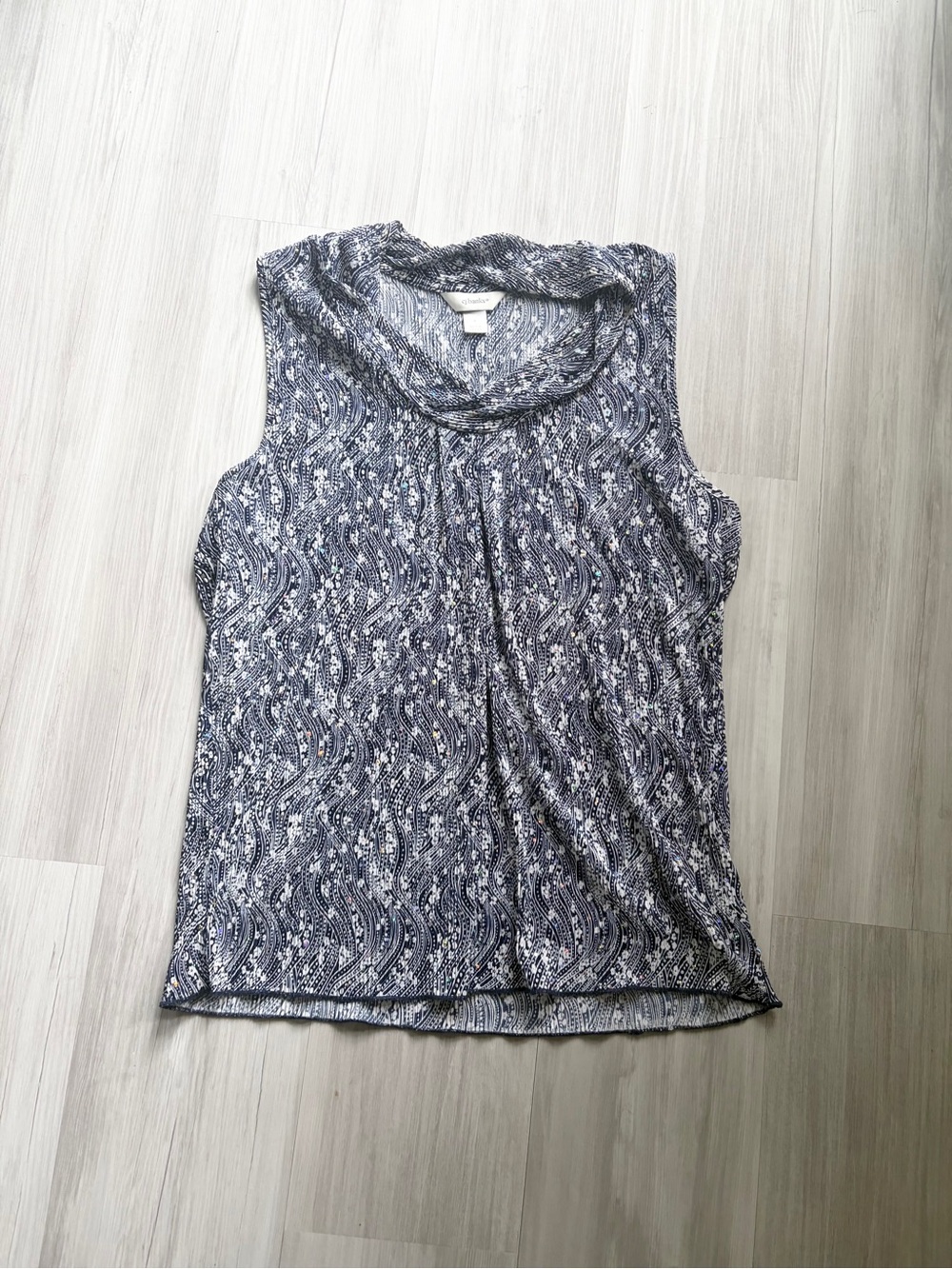Sleeveless Blue Floral Cowl-Neck Top